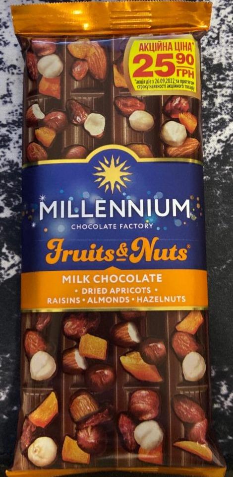 Фото - Шоколад молочний з мигдалем цільними лісовими горіхами курагою та ізюмом Millennium