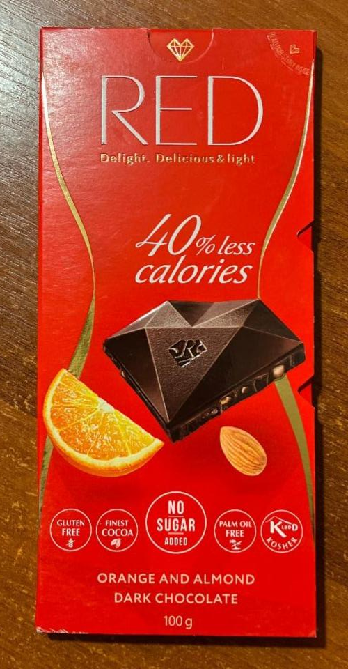 Фото - Шоколад чорний зі шматочками апельсину та мигдалю без цукру Dark Chocolate Orange & Almond Red Delight