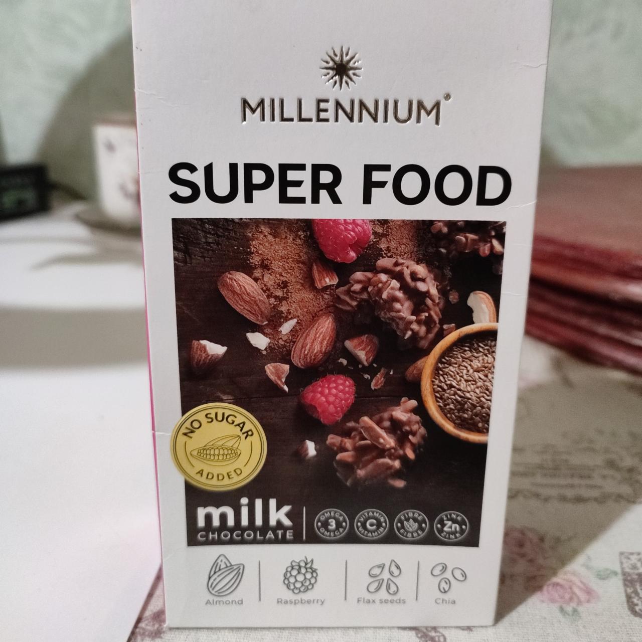 Фото - Цукерки шоколадні Молочні з мигдалем малиною льоном та чіа Super Food Millennium