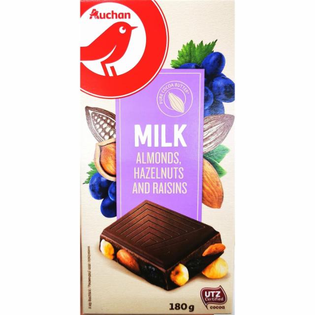 Фото - Шоколад молочний з цілим смаженим мигдалем, лісовими горіхами і родзинками Ашан Auchan