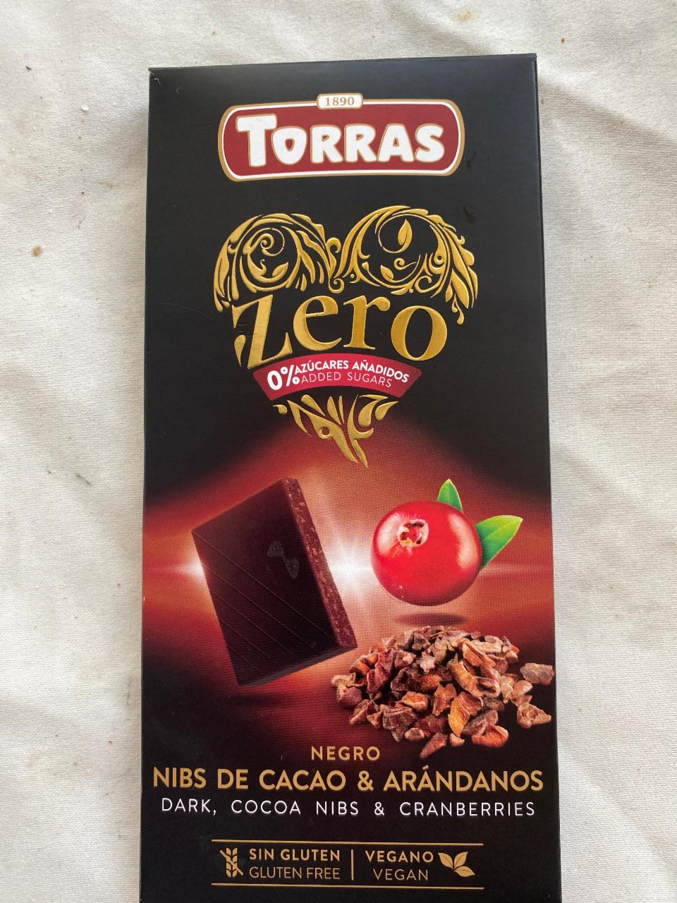 Фото - Шоколад чорний без цукру зі шматочками журавлини Dark Cocoa Nibs & Cranberries Zero Torras