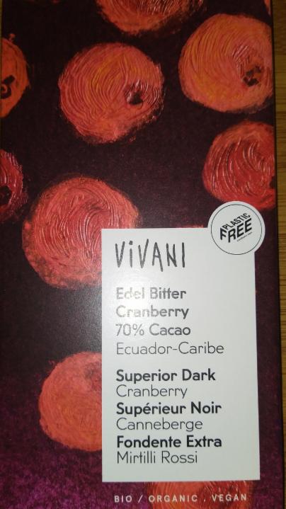 Фото - Шоколад 70% чорний органічний з журавлиною Vivani