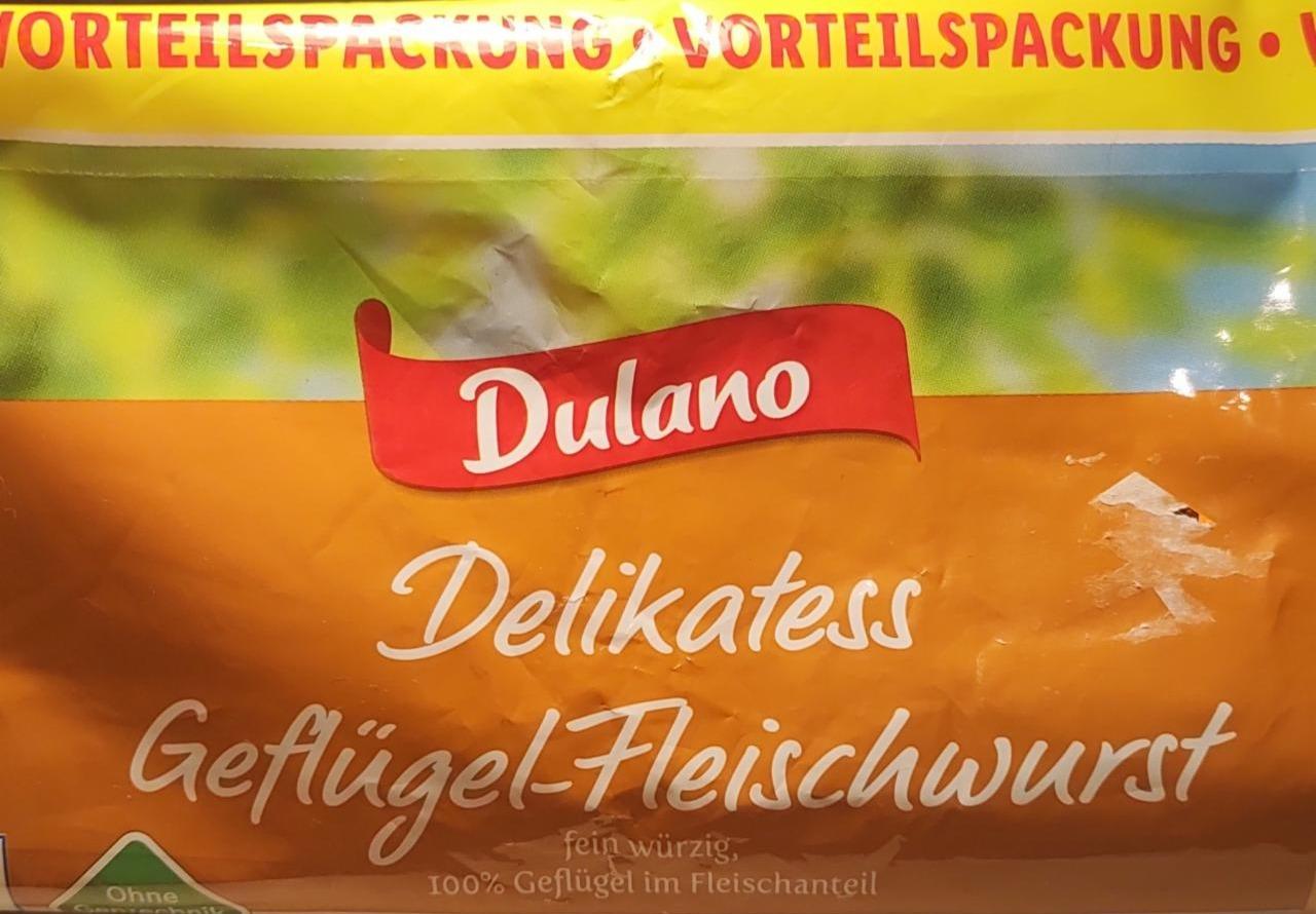 цінність птиці з харчова - Geflügel-Fleischwurst ⋙TablycjaKalorijnosti калорійність, Делікатесна м\'яса ковбаса Delikatess Dulano