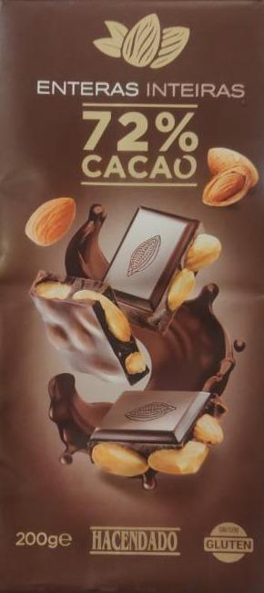 Фото - Екстратонкий темний шоколад 72% какао з цілим мигдалем Hacendado